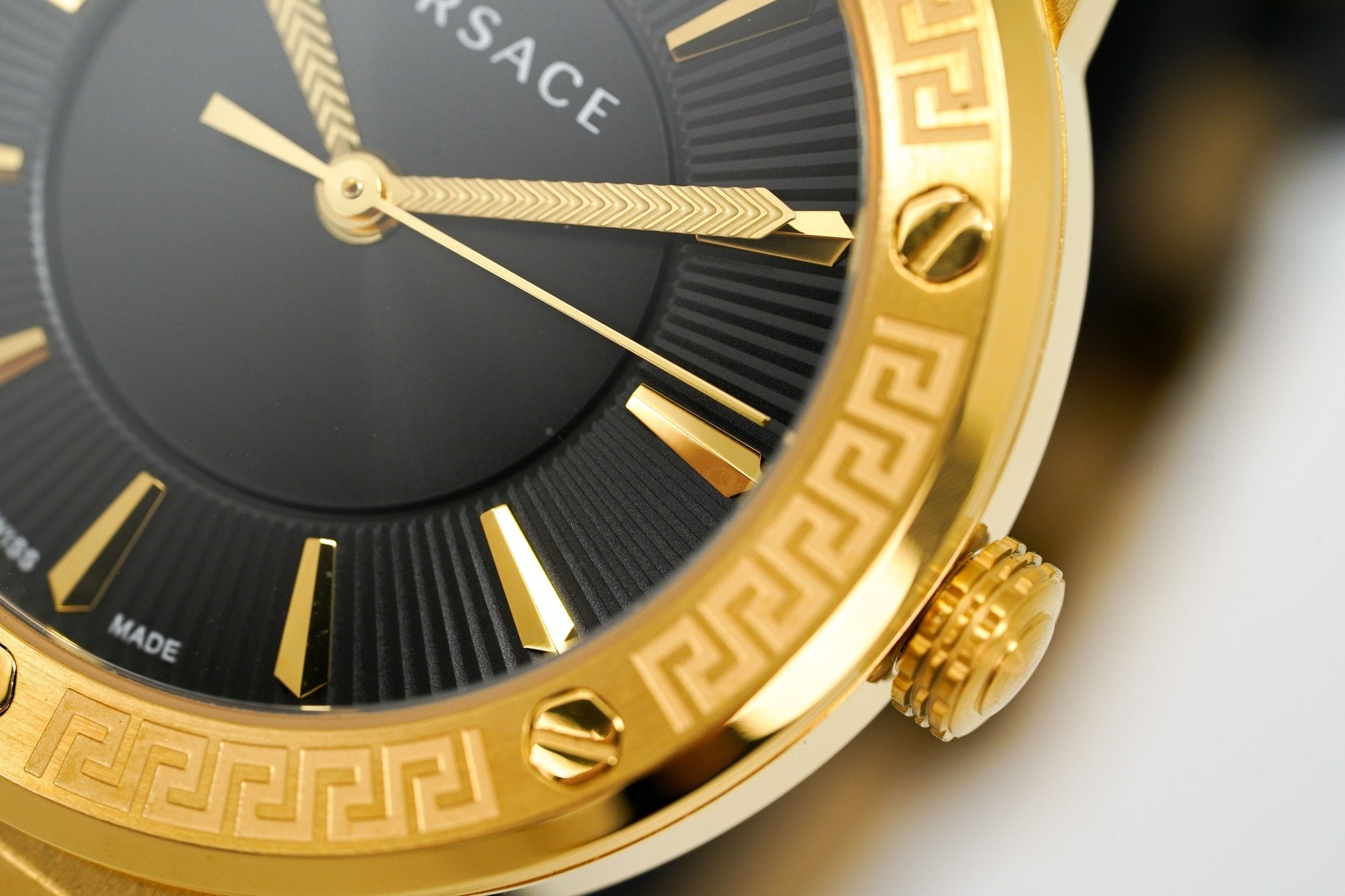 Versace Ladies Watch Greca Logo Gold Black Leather