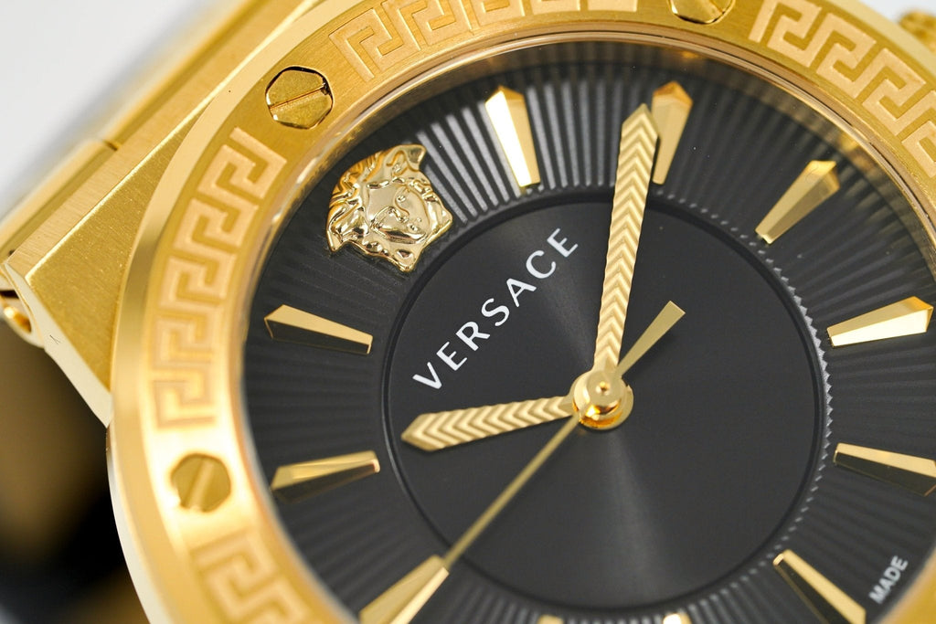 Versace Ladies Watch Greca Logo Gold Black Leather