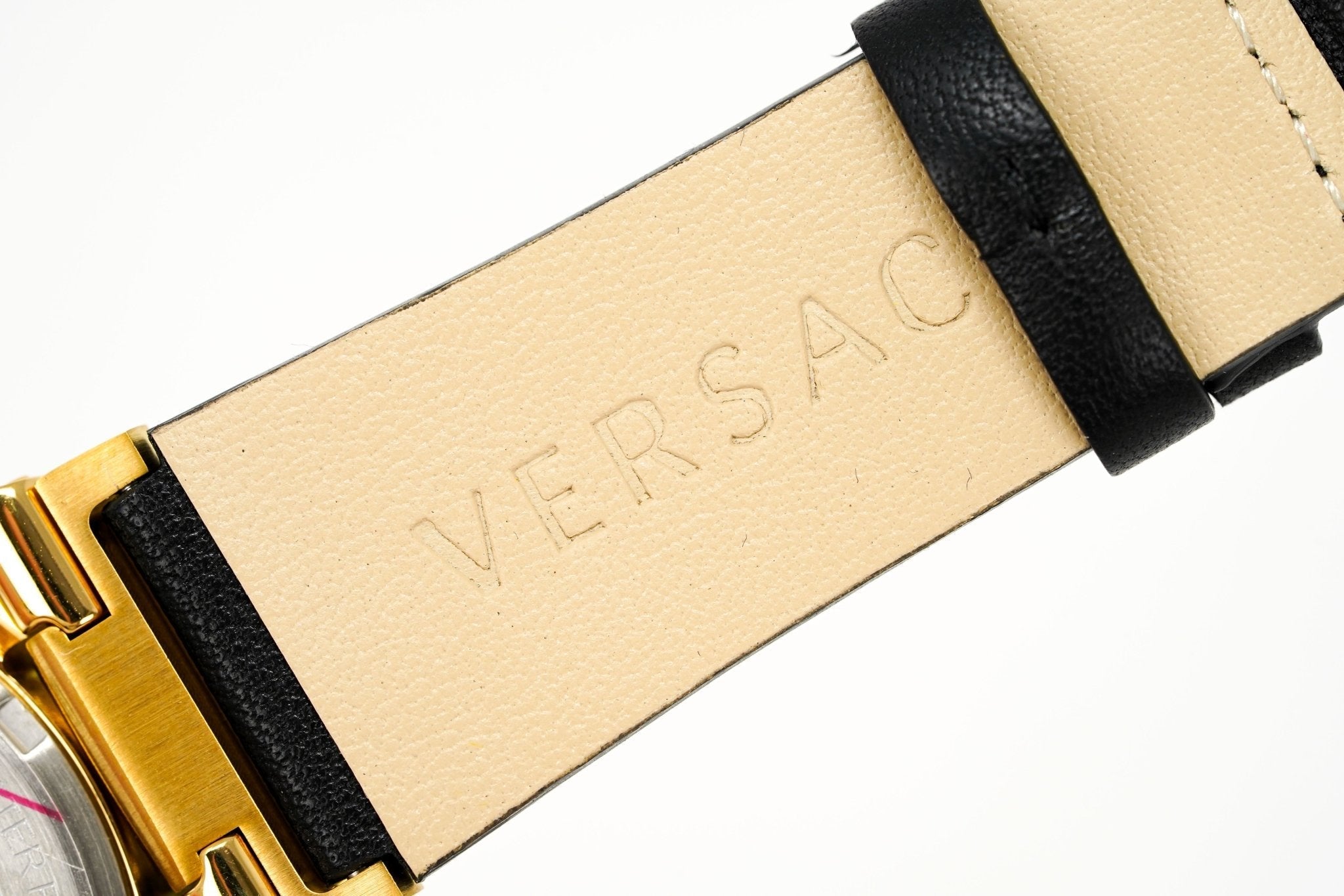 Versace Ladies Watch Greca Logo Gold Black Leather