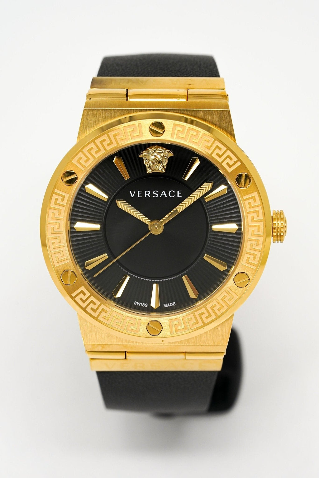 Versace Ladies Watch Greca Logo Gold Black Leather