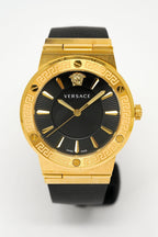 Versace Ladies Watch Greca Logo Gold Black Leather
