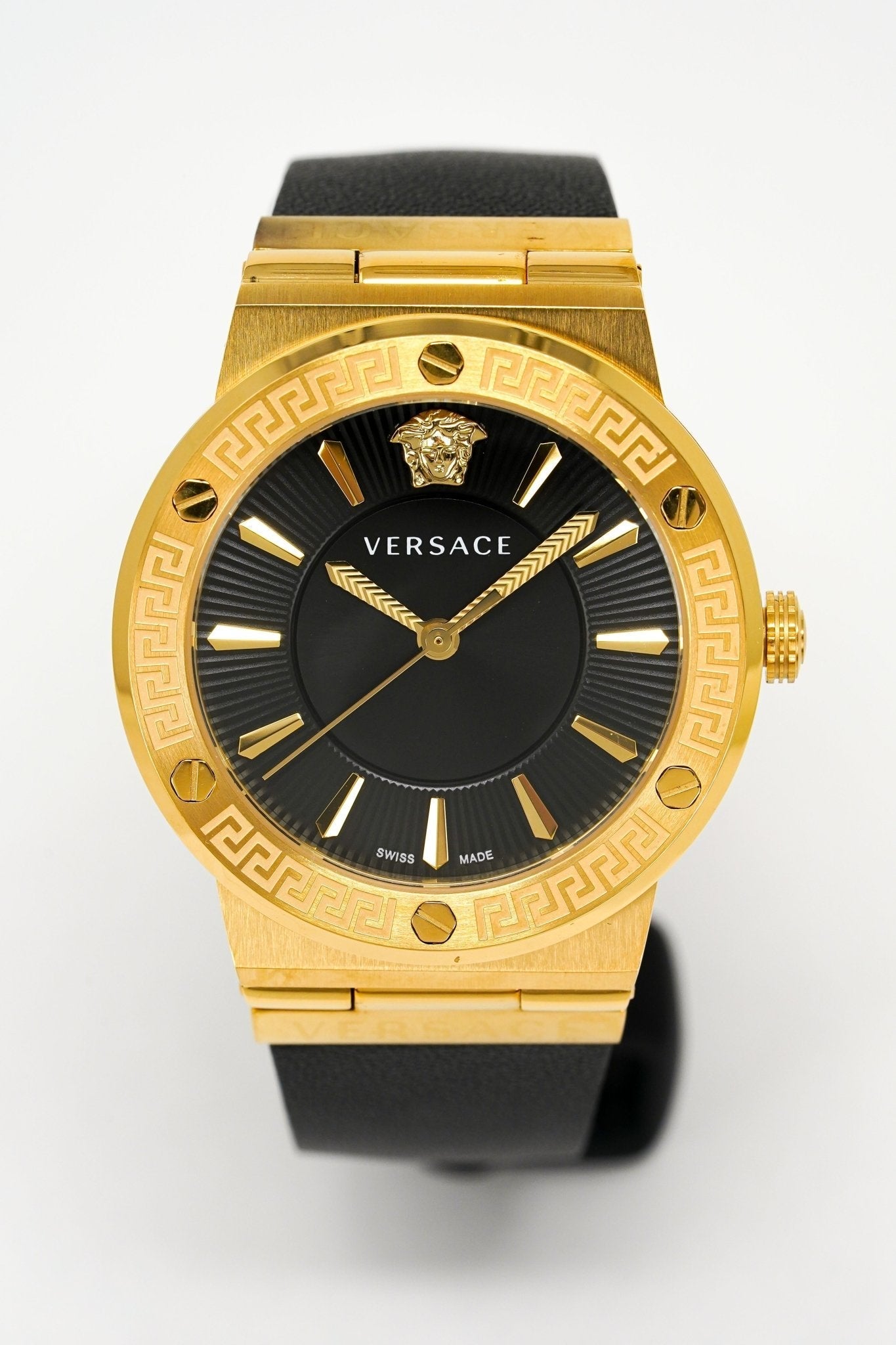 Versace Ladies Watch Greca Logo Gold Black Leather