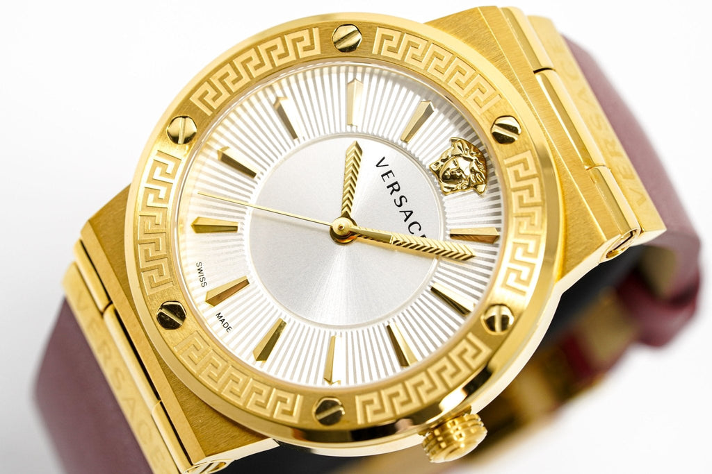 Versace Ladies Watch Greca Logo Gold Red Leather