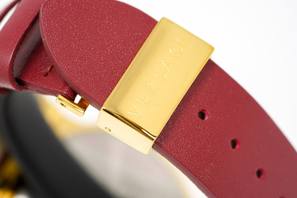 Versace Ladies Watch Greca Logo Gold Red Leather