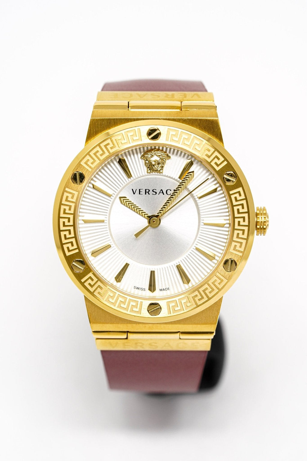 Versace Ladies Watch Greca Logo Gold Red Leather