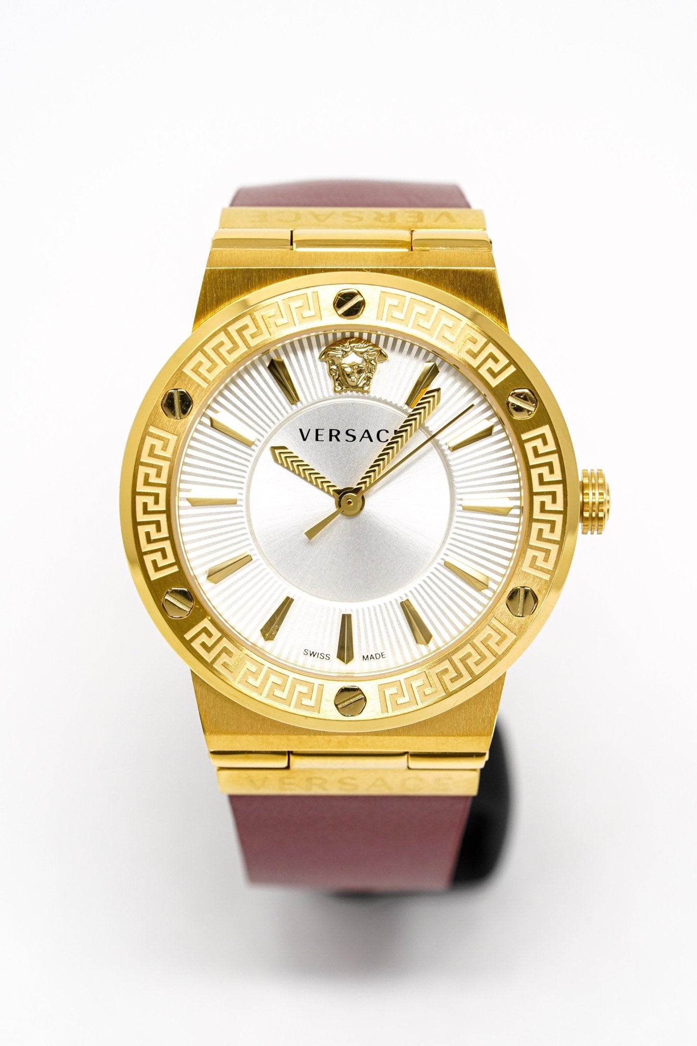 Versace Ladies Watch Greca Logo Gold Red Leather