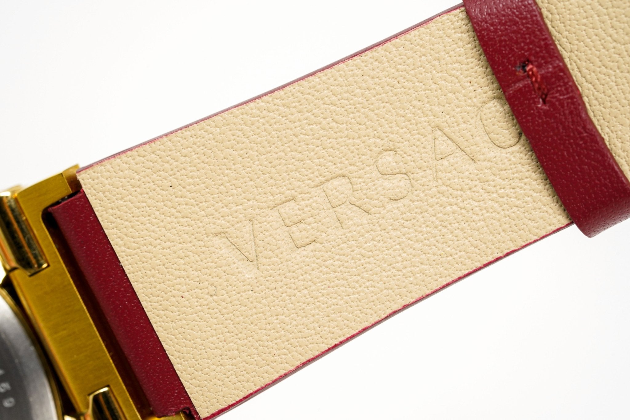 Versace Ladies Watch Greca Logo Gold Red Leather
