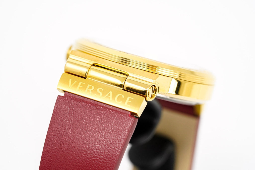 Versace Ladies Watch Greca Logo Gold Red Leather