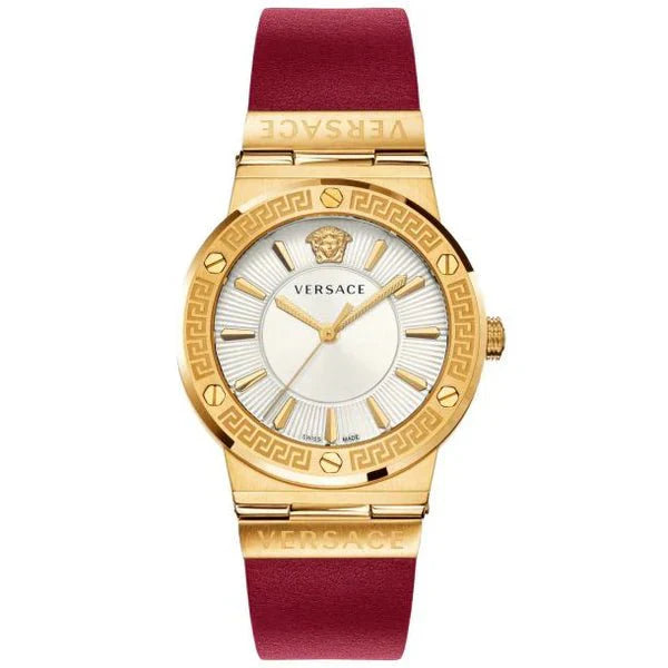Versace Ladies Watch Greca Logo Gold Red Leather